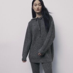 ZARA Black Charcoal Grey Knit Sweater w Hood Hoodie Top